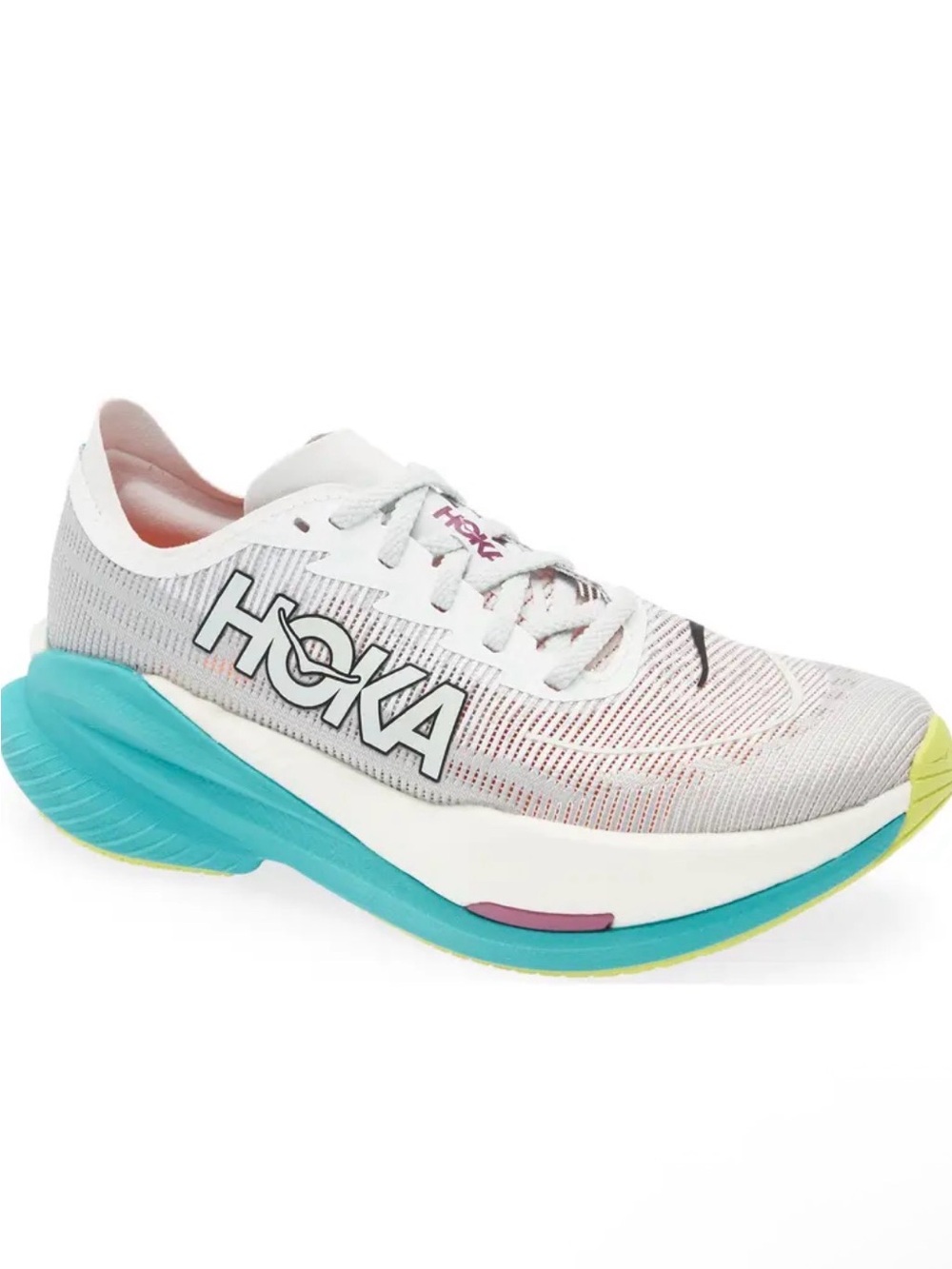 HOKA Mach X 2 running shoes in the Frost/Electric Aqua colorway